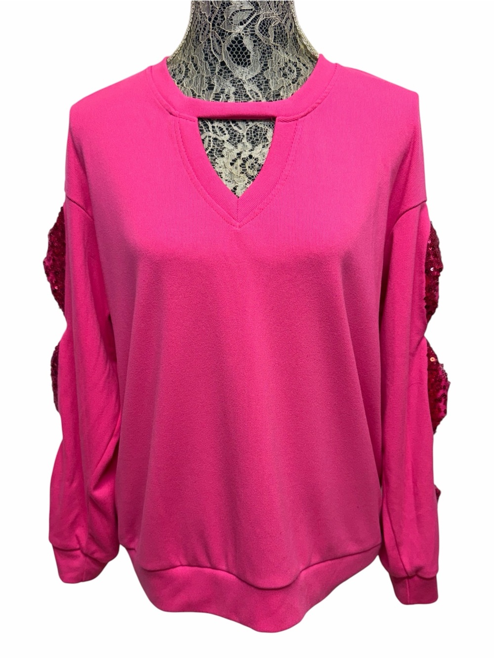 Sheilay 3XL Hot Pink Cutout V Neck Sequin Sleeve Sweatshirt Top